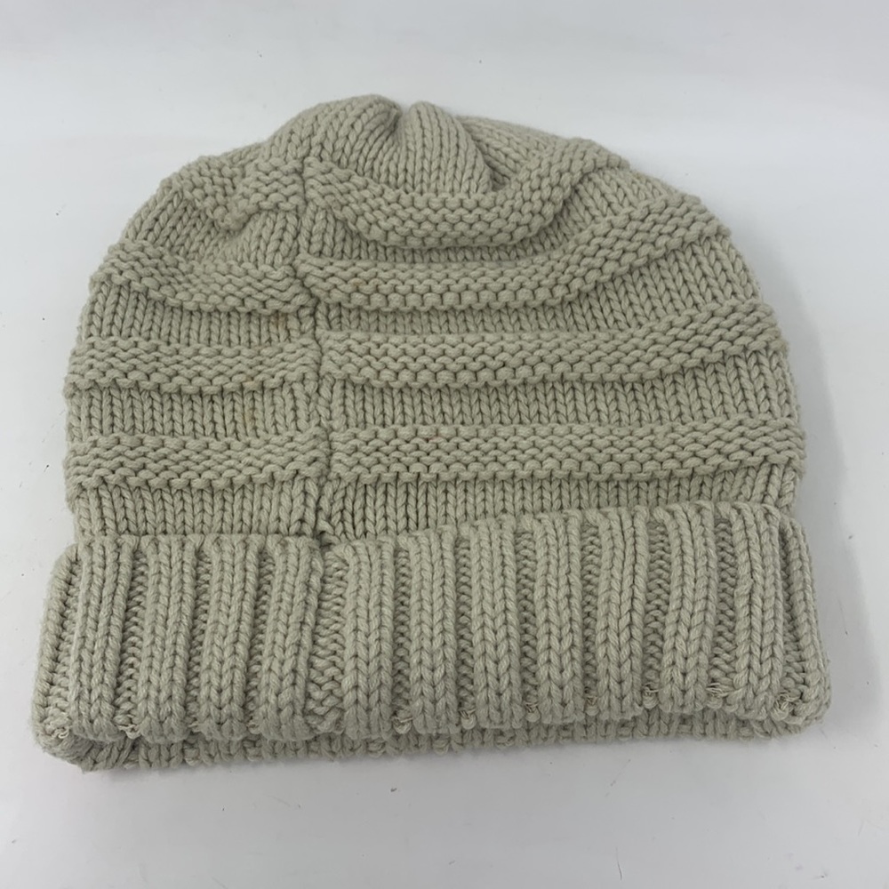 C.C. Exclusives beige neutral chunky knit beanie hat - Picture 2 of 6